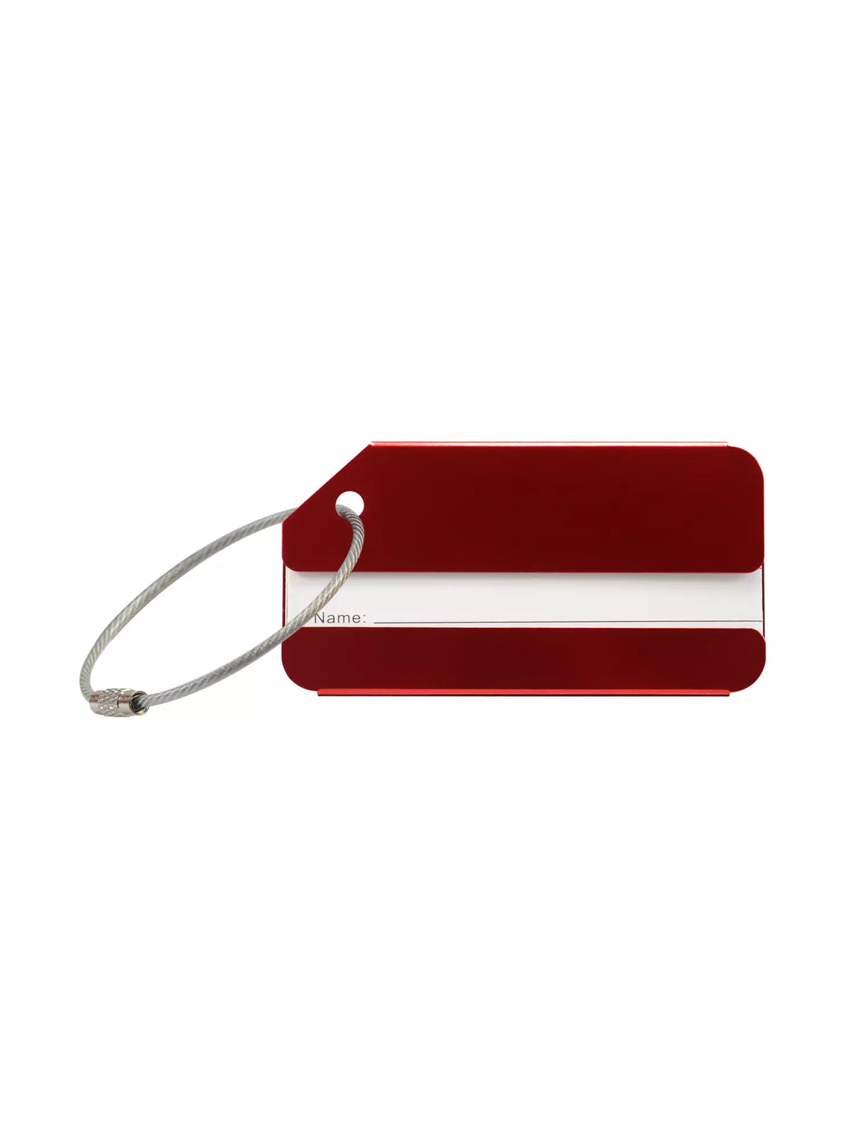 Red medical luggage tag showing the back side with a slot for personal details.