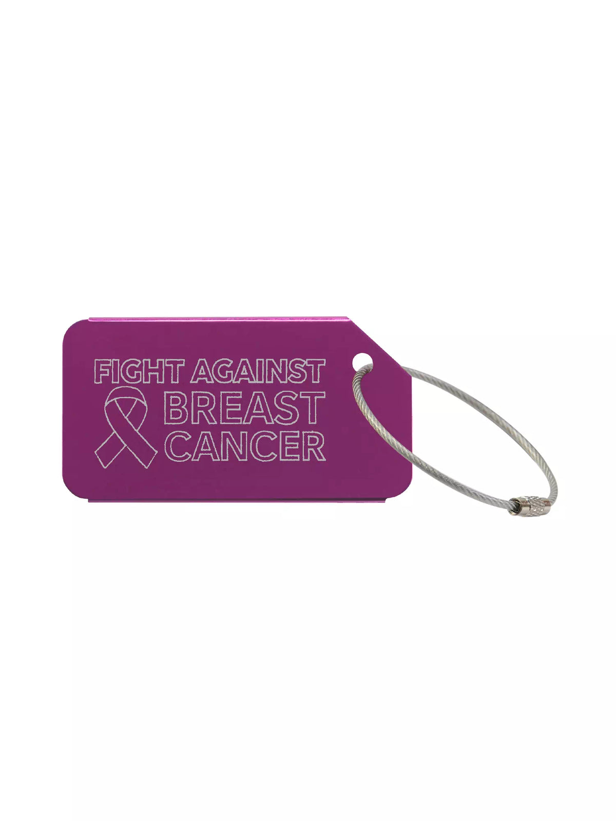 Purple medical luggage tag with the text 'Fight Against Breast Cancer' engraved.