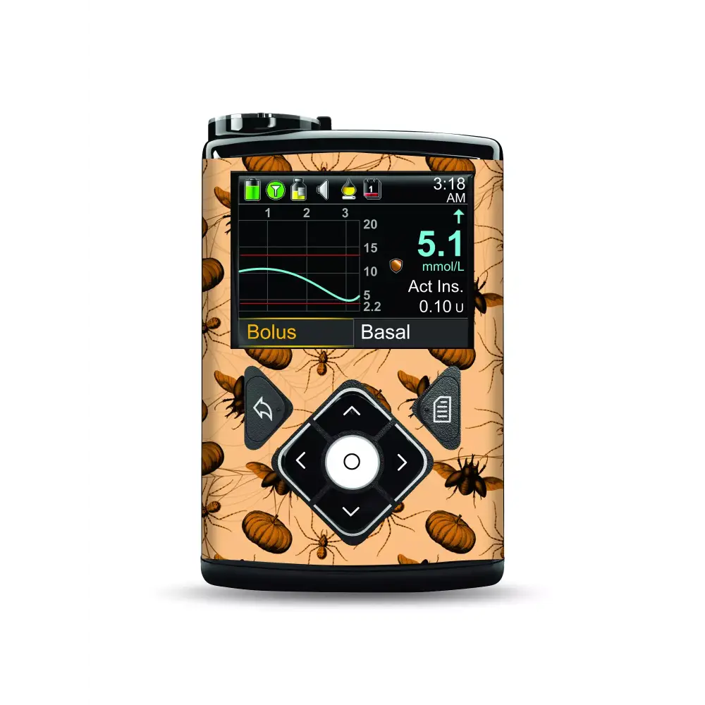Medtronic Pump Stickers - Spiders, pumpkins, and webs design on an orange background.