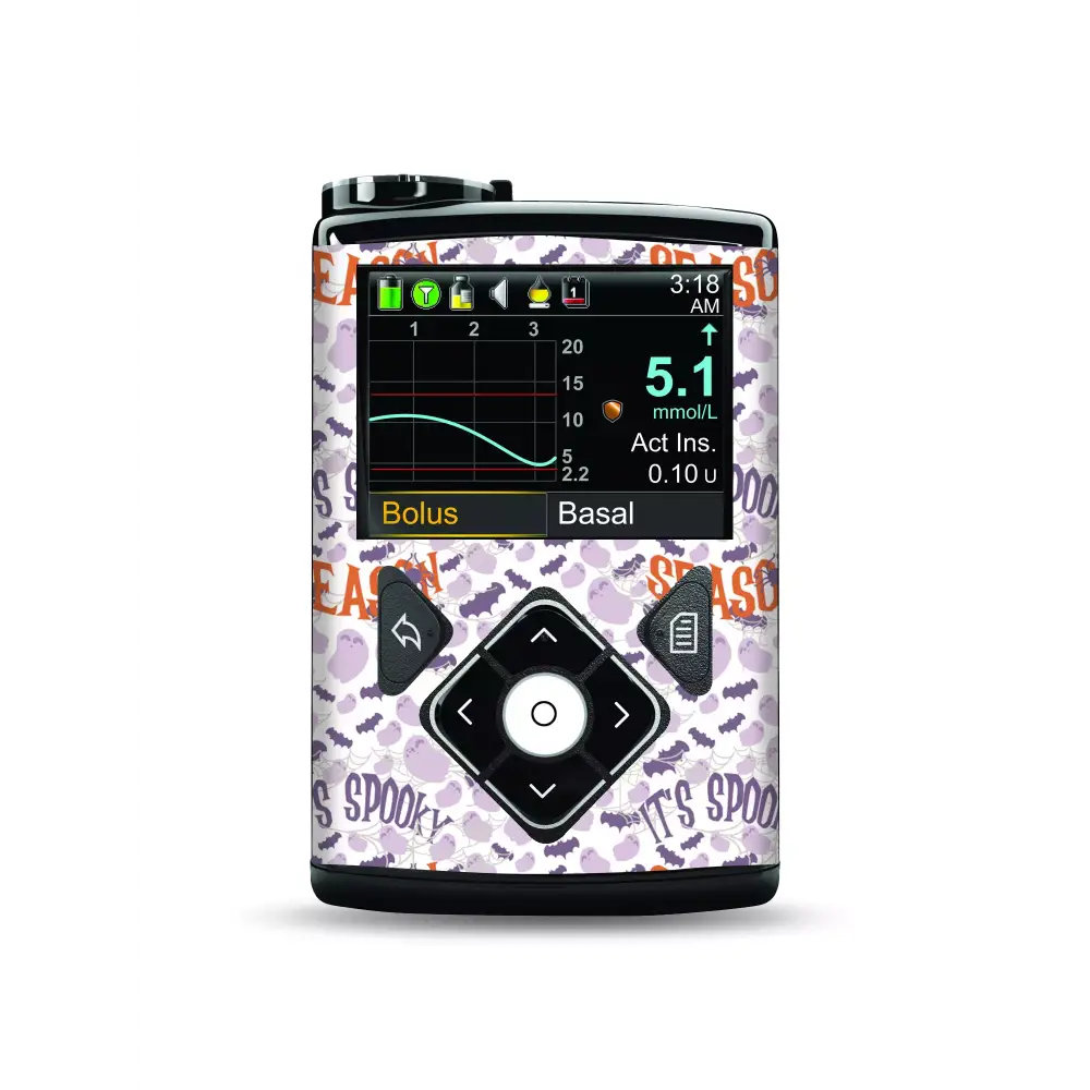Medtronic Pump Stickers - 'It's Spooky Season' theme featuring bats and Halloween text in purple and orange.