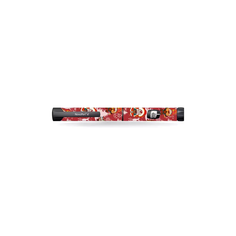 Colorful flute decorated with cartoon designs and Novopen Echo Christmas-themed stickers
