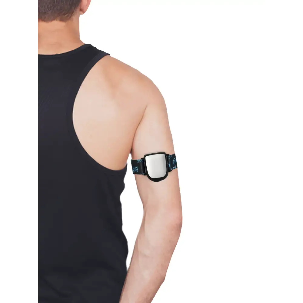 Omnipod insulin patch pump armband on person's upper arm, showcasing adjustable Dia-Style design for active lifestyle.