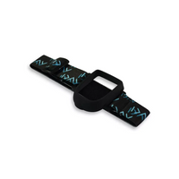 Omnipod insulin patch pump adjustable armband with black and blue design.