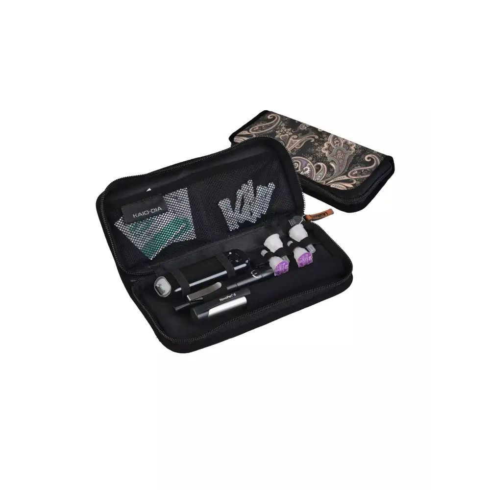 Insulin travel case with compartments for pens, needles, and glucose meter.