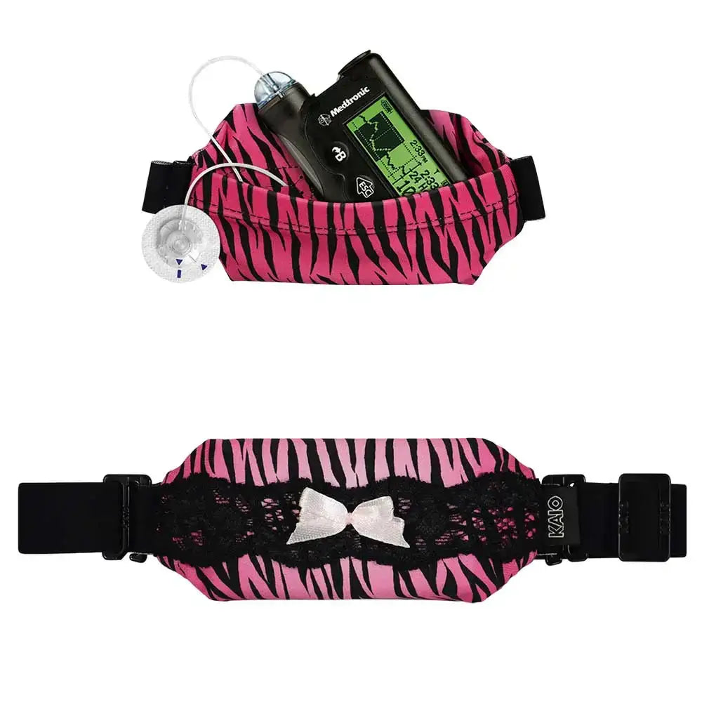 Elegant insulin pump body pouch with lace and bow for secure, stylish management; soft, stretchable fabric.