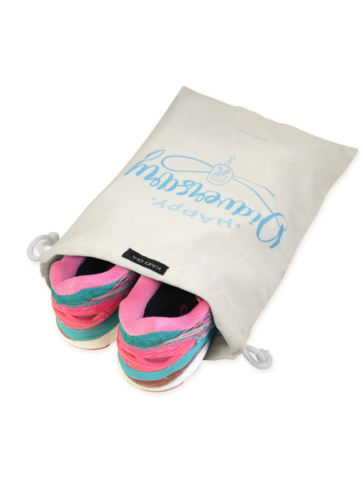 Kaio-Dia Diaversary Shoe Bag holding a pair of athletic shoes. Spacious and practical storage with 'Happy Diaversary' design for easy, on-the-go organization.