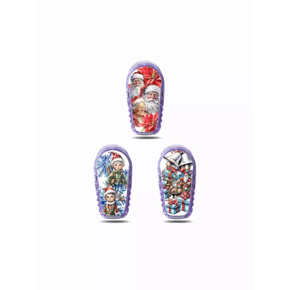 Christmas-themed Dexcom G6 sensor stickers with Santa, elf, and reindeer designs for festive health monitoring.