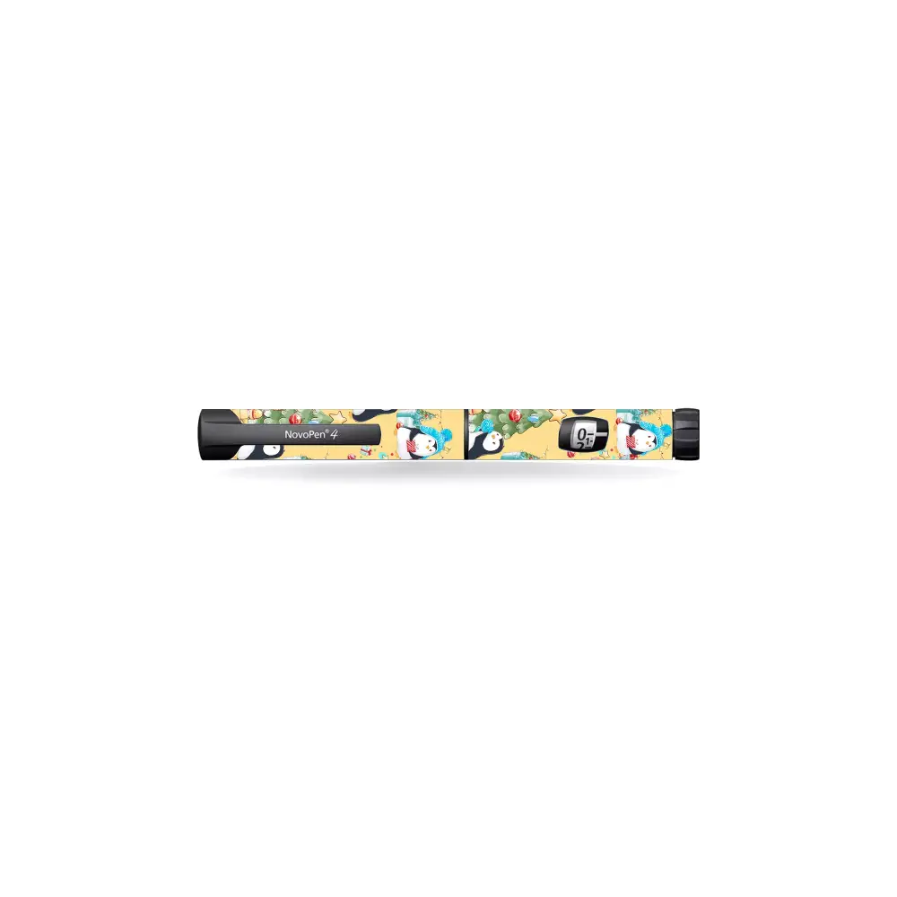 Novopen Echo insulin pen with Christmas-themed stickers featuring festive designs.