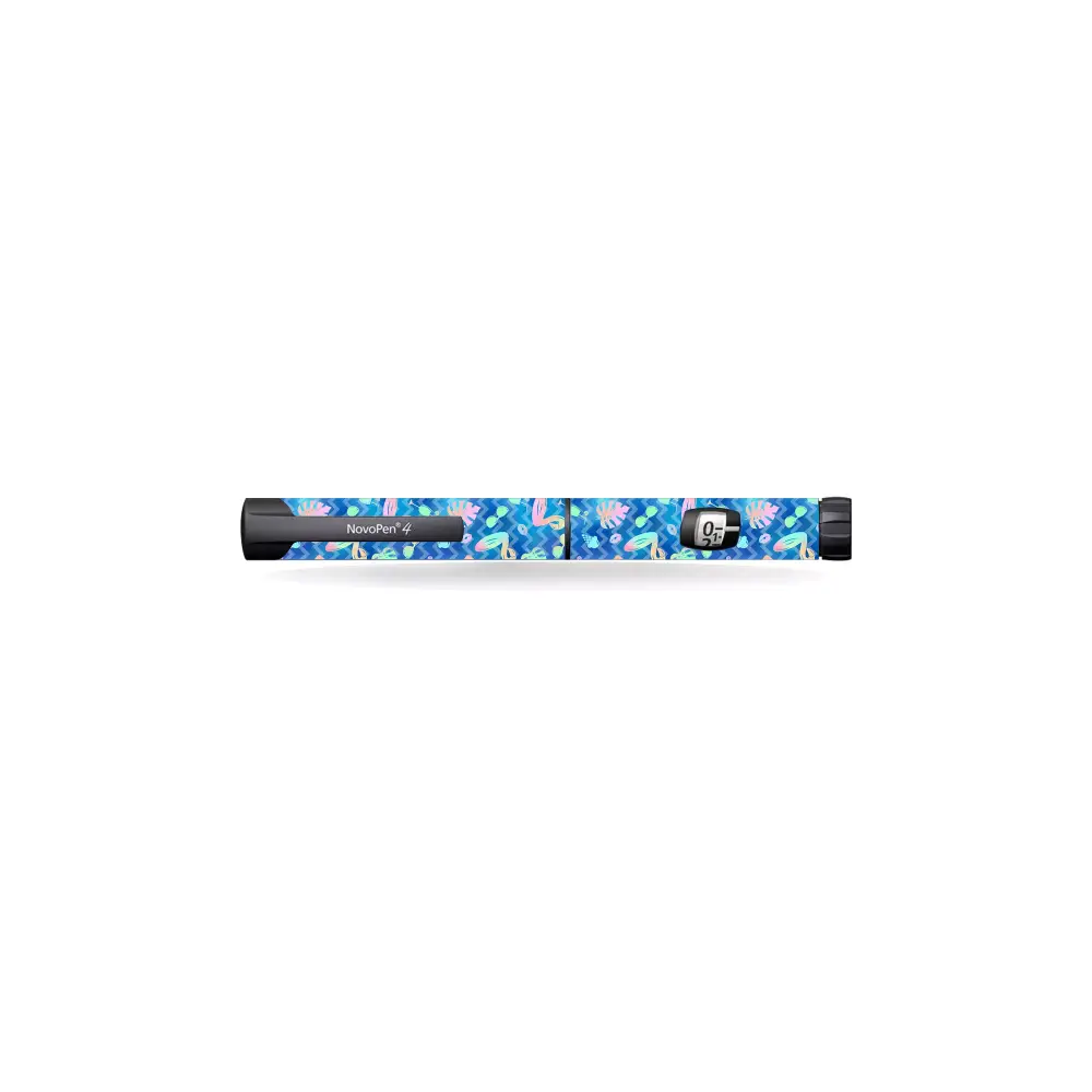 Novopen Echo covered with vibrant summer-themed Kaio-Dia sticker featuring beach and marine designs.