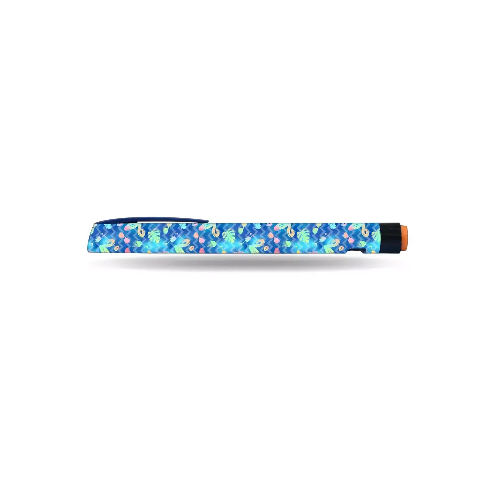 Summer-themed NovoRapid FlexPen with vibrant stickers featuring tropical designs.