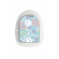 retro Y2K stickers for Omnipod POD, featuring groovy smileys and floral patterns