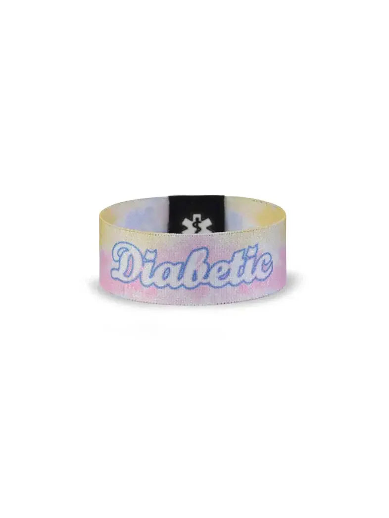 Reversible Diabetes Awareness Wristband with "Diabetic" lettering and summer vibes design.