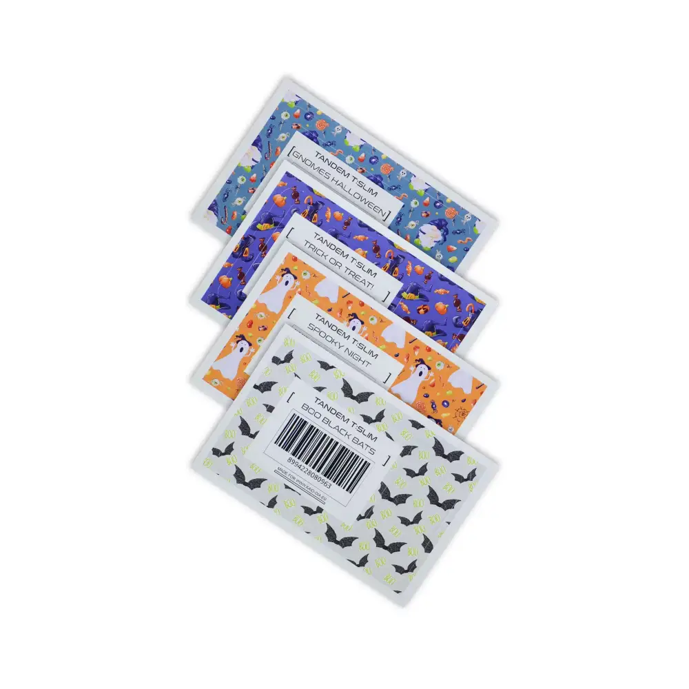 Tandem t:slim insulin pump stickers Halloween edition with festive designs.