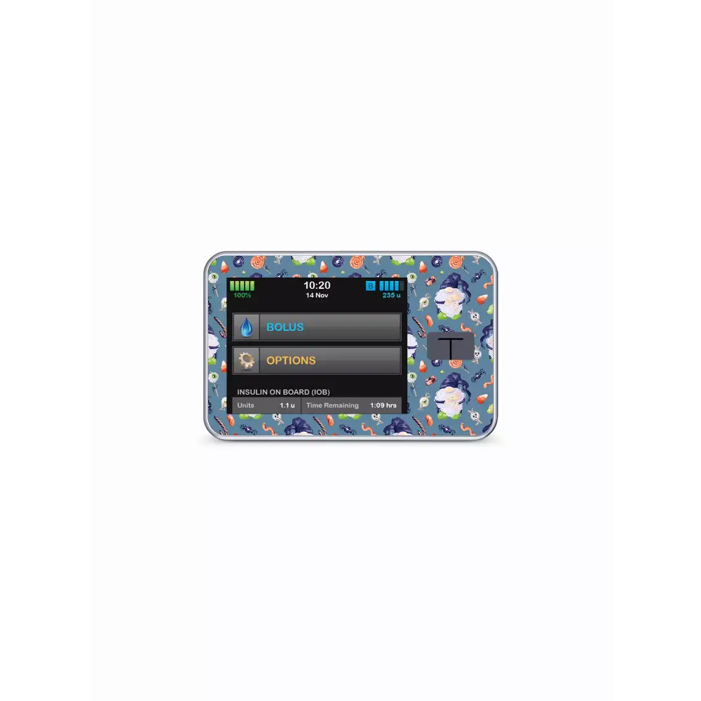Tandem t:slim insulin pump sticker with Halloween design.