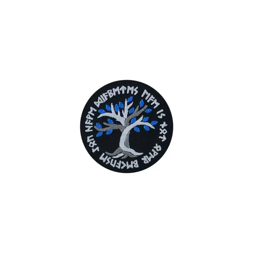 Viking-inspired embroidered diabetes awareness iron-on patch with Norse rune design.