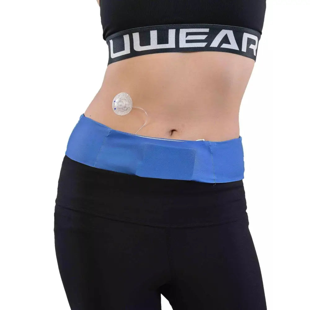Universal Insulin Pump Waistbelt in blue, worn around waist for active lifestyle; ideal for discreet insulin pump use.