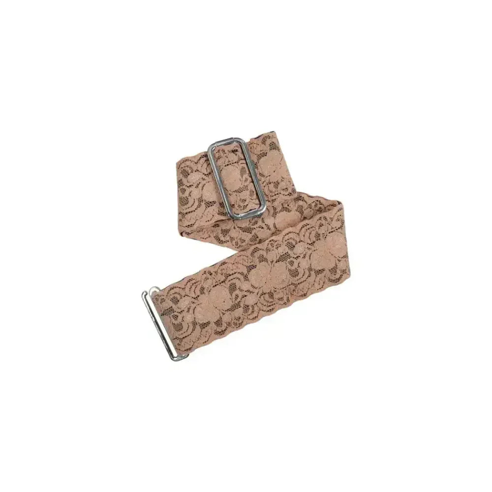 Lace insulin pump arm and leg band in nude color with aluminum adjuster, designed for diabetic comfort and style.
