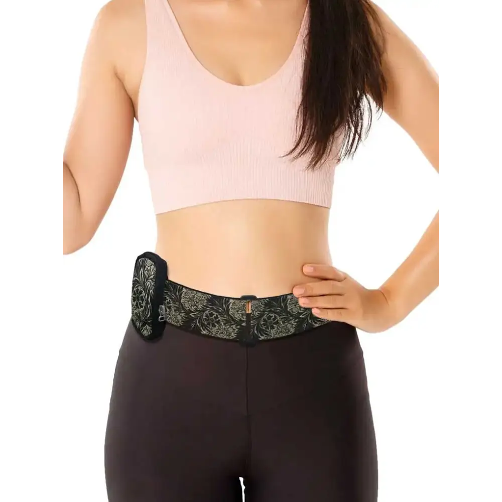 Compact pouch for glucose meter with belt loop, worn on waist, black with floral pattern, compatible with Dia-Utility Belt for diabetics.