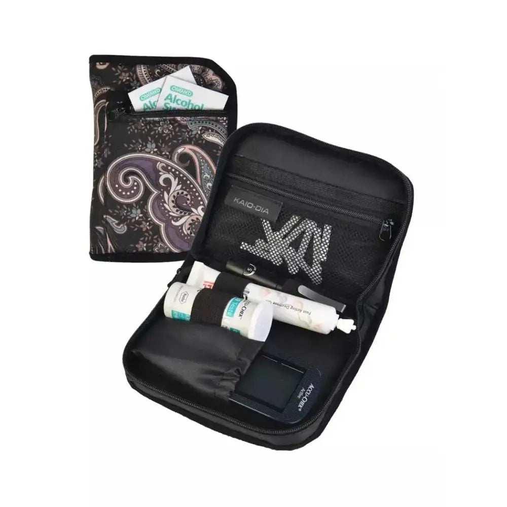 Compact Dia-MiniCase for diabetic travel, featuring compartments for glucose meters, needles, and essentials in a stylish design.