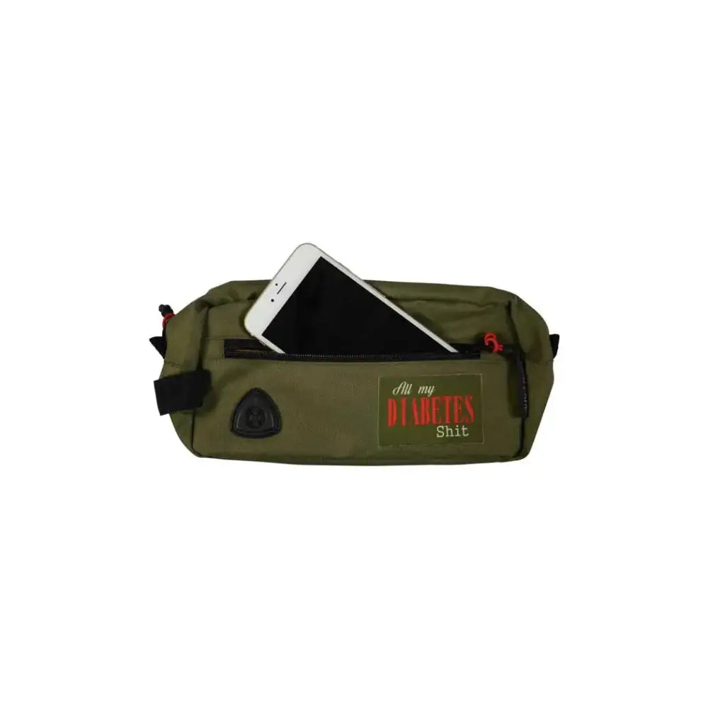 Diabetes supply bag with multiple pockets and waterproof phone compartment.