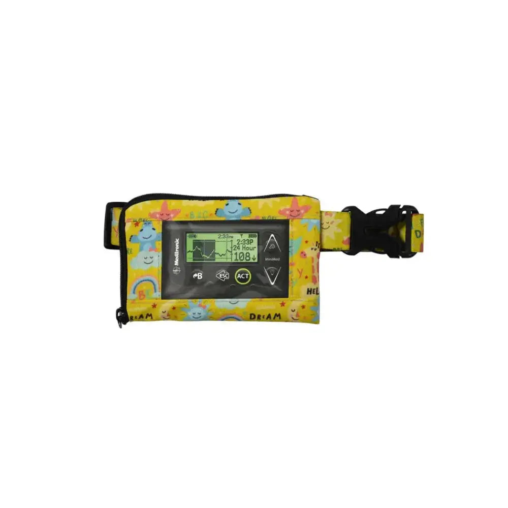 Insulin pump belt with window for kids featuring cute design and adjustable fit.