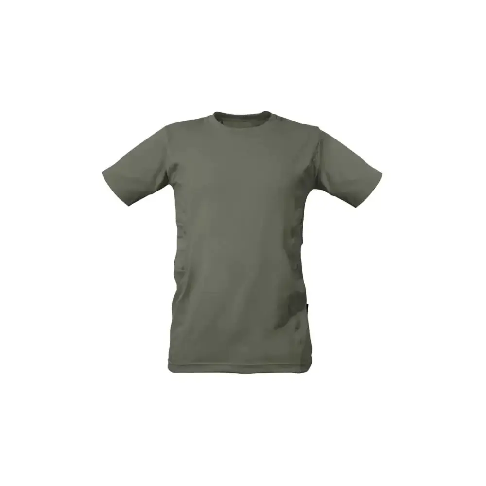 Olive green comfortable insulin pump t-shirt with side pockets and tubing holes.