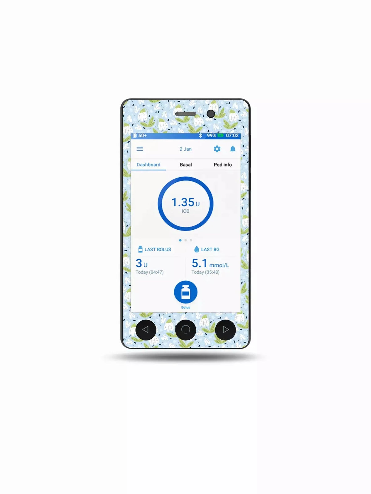 Omnipod DASH decorated with Spring Edition floral stickers.
