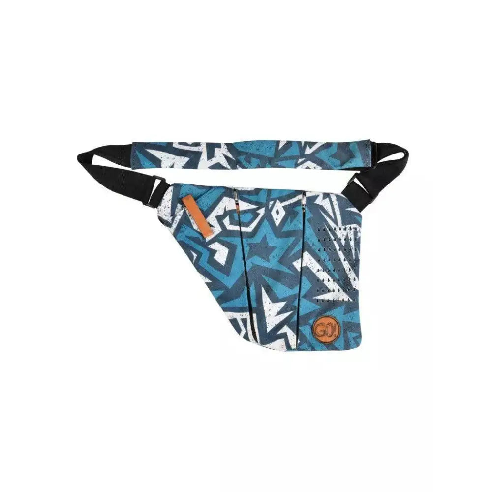 Children's shoulder bag with cooling system for insulin storage, blue geometric design, adjustable strap, compact and durable for active diabetic kids