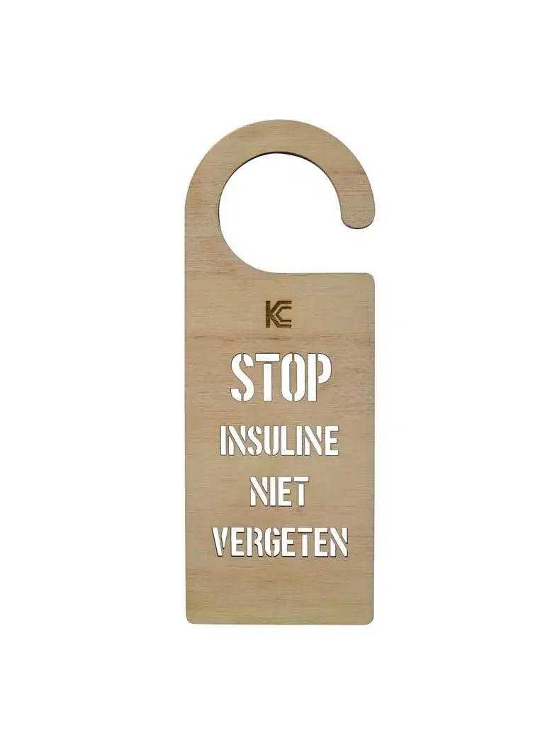 DO NOT FORGET YOUR INSULIN door hanger in light plywood, multilingual reminder tool for diabetics.