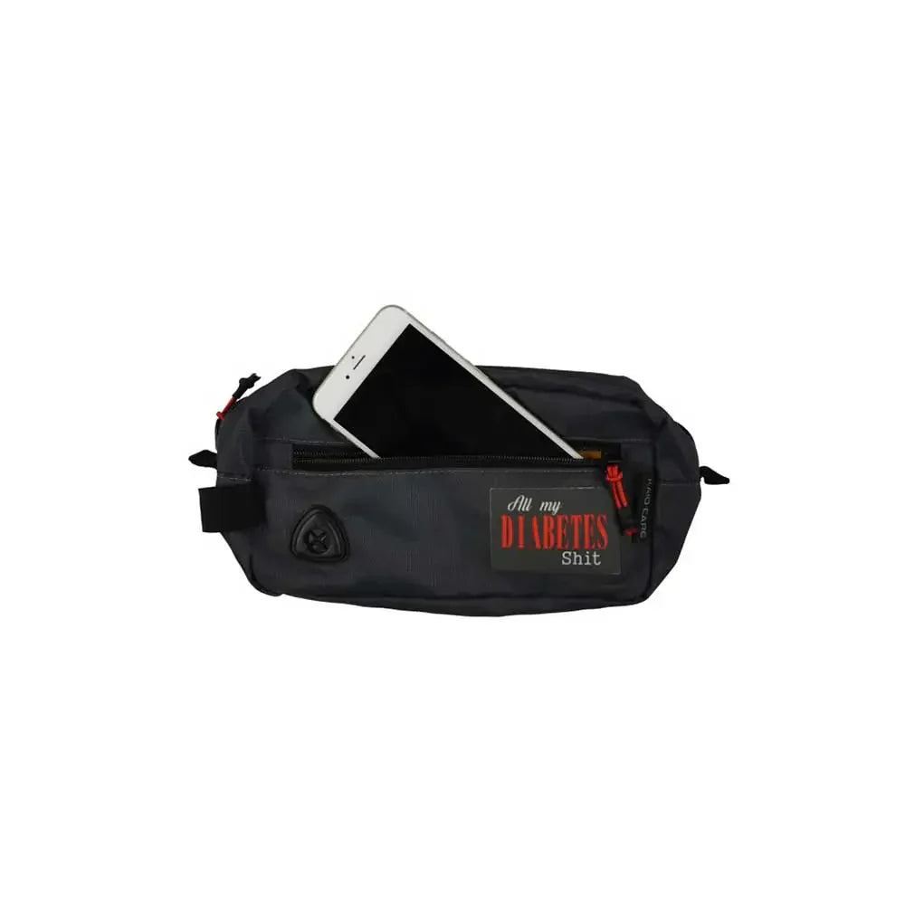 Diabetes bag with multiple pockets and phone compartment, ideal for organizing supplies.