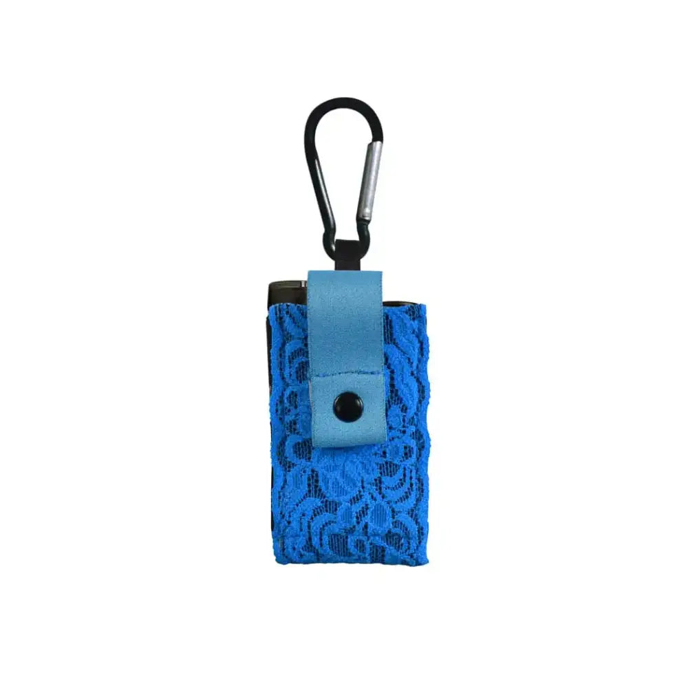 Blue lace insulin pump pouch with carabiner attachment for versatile use.