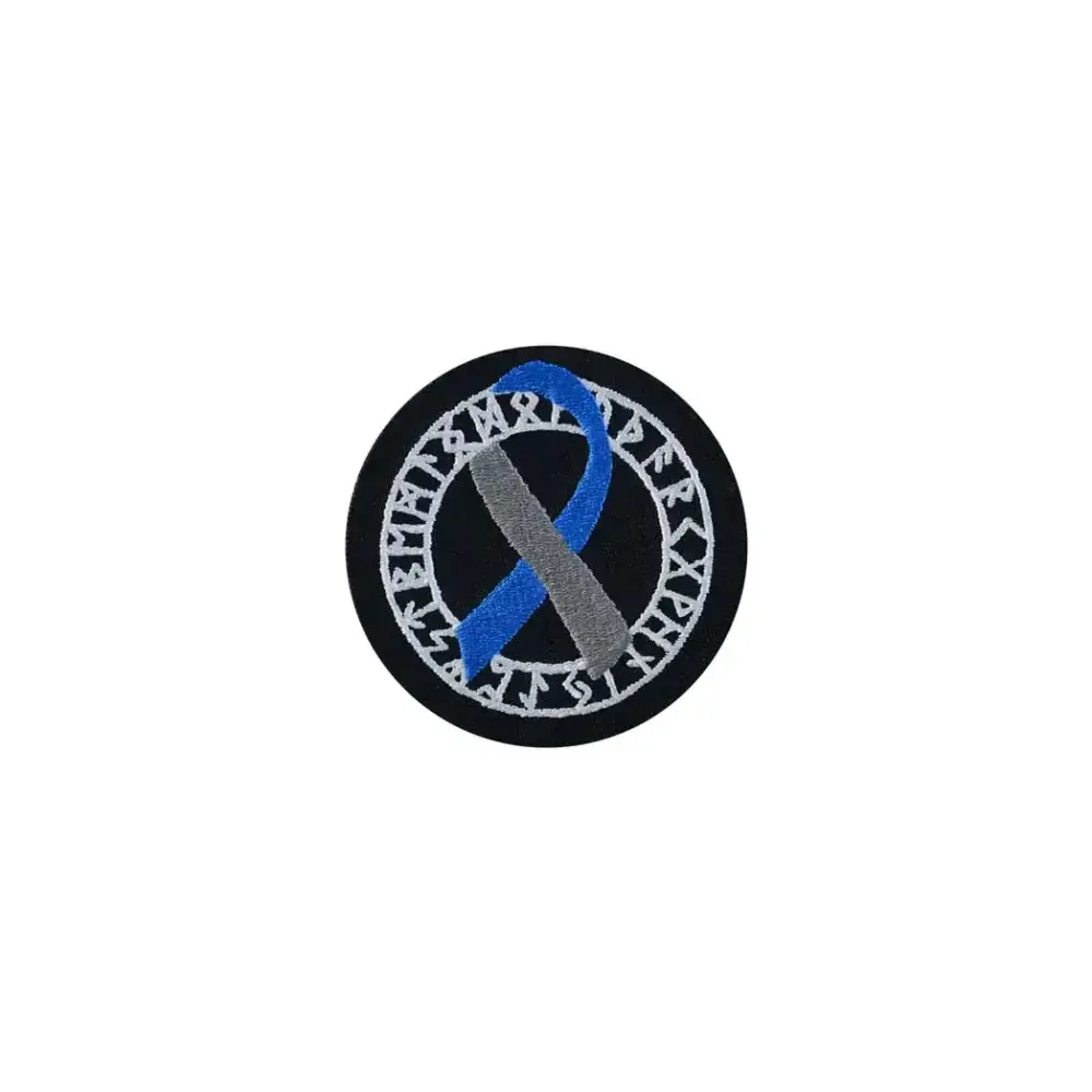 Viking-inspired diabetes awareness iron-on patch with Nordic runes and blue-gray ribbon design.