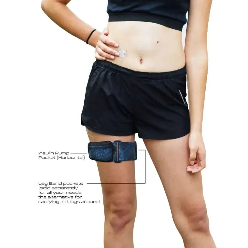 Insulin pump leg band worn under shorts for discreet usage.